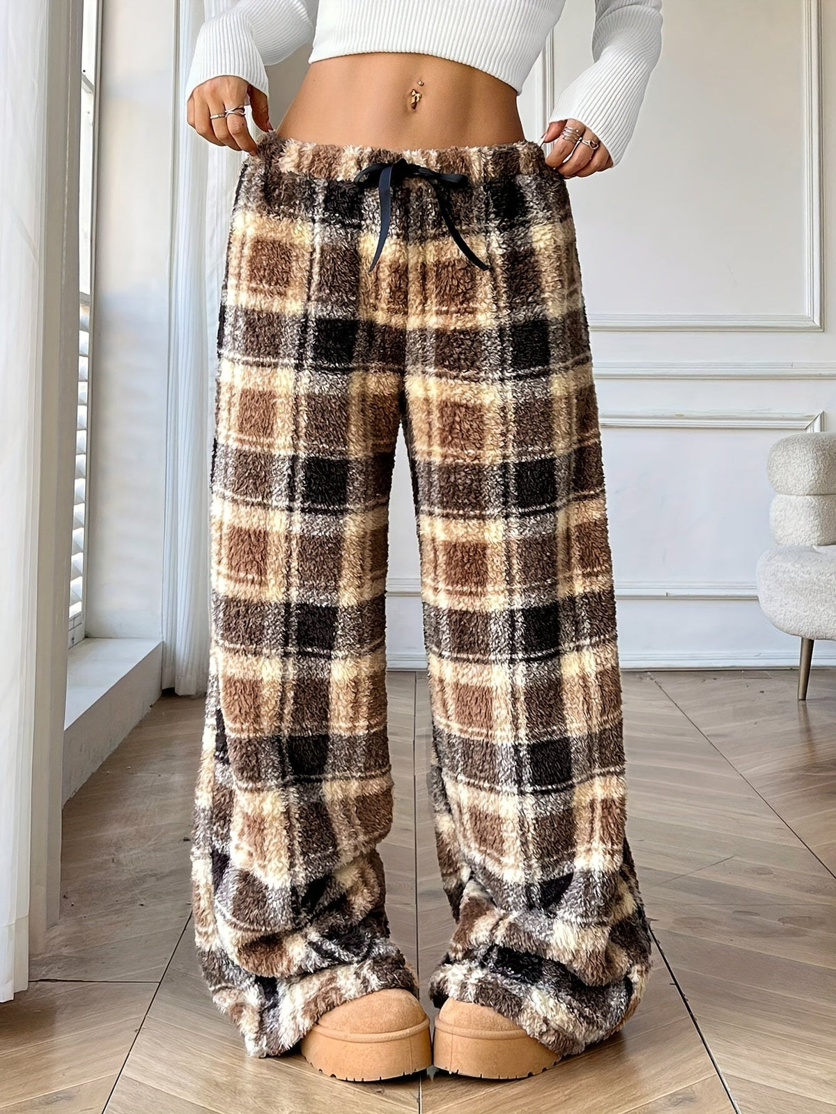 Eira plaid wide-leg fleece pants, view 4