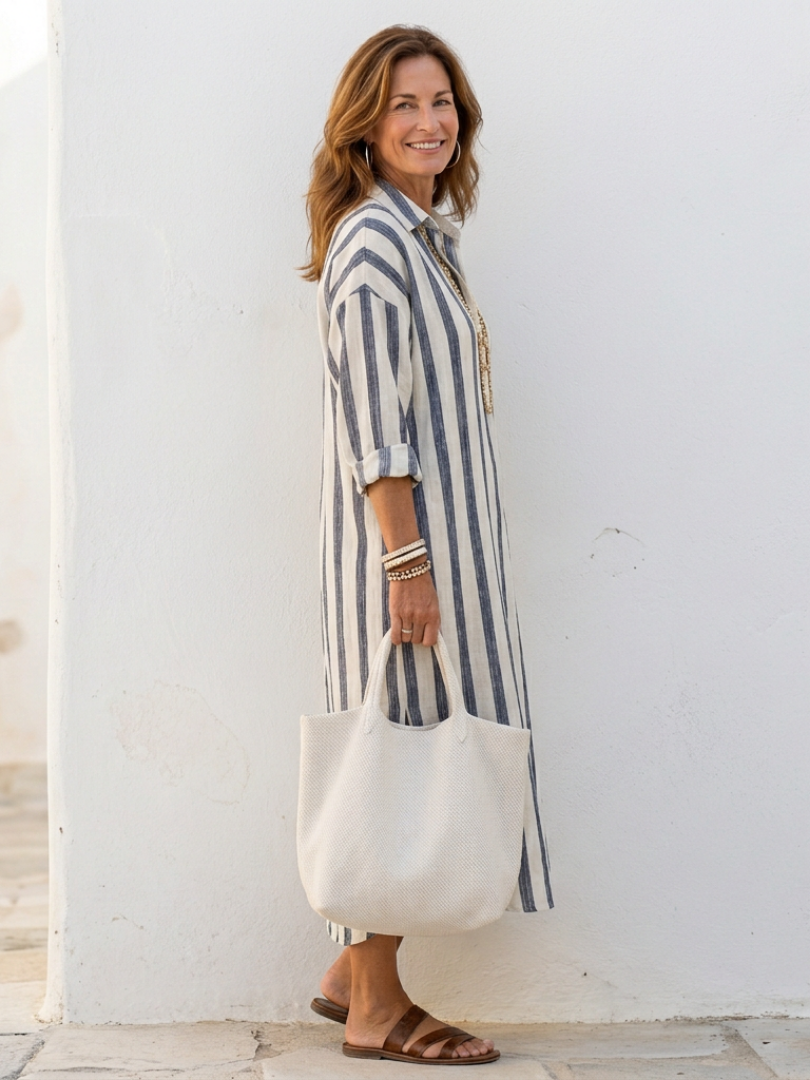 Striped midi shirt dress front view