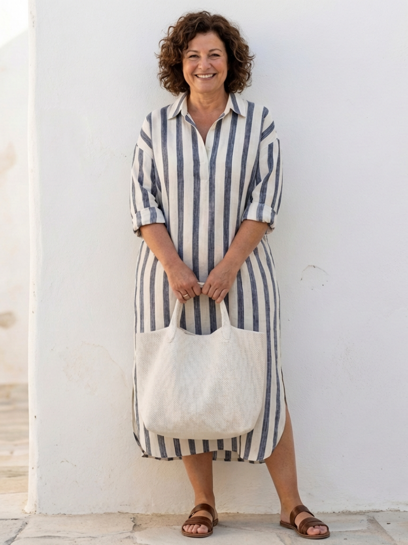 Vertical stripe midi shirt dress