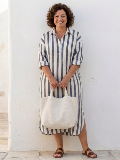 Vertical stripe midi shirt dress