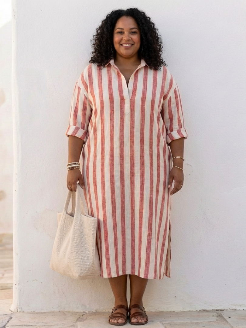 Striped button front midi dress