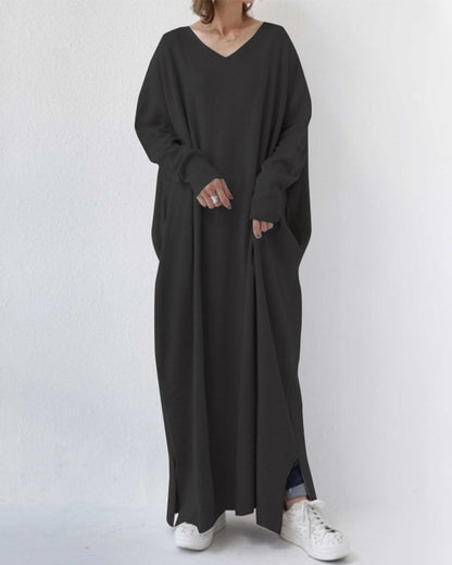 V-neck oversized long sleeve maxi dress, front view