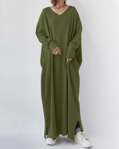 Oversized maxi dress showing V-neckline