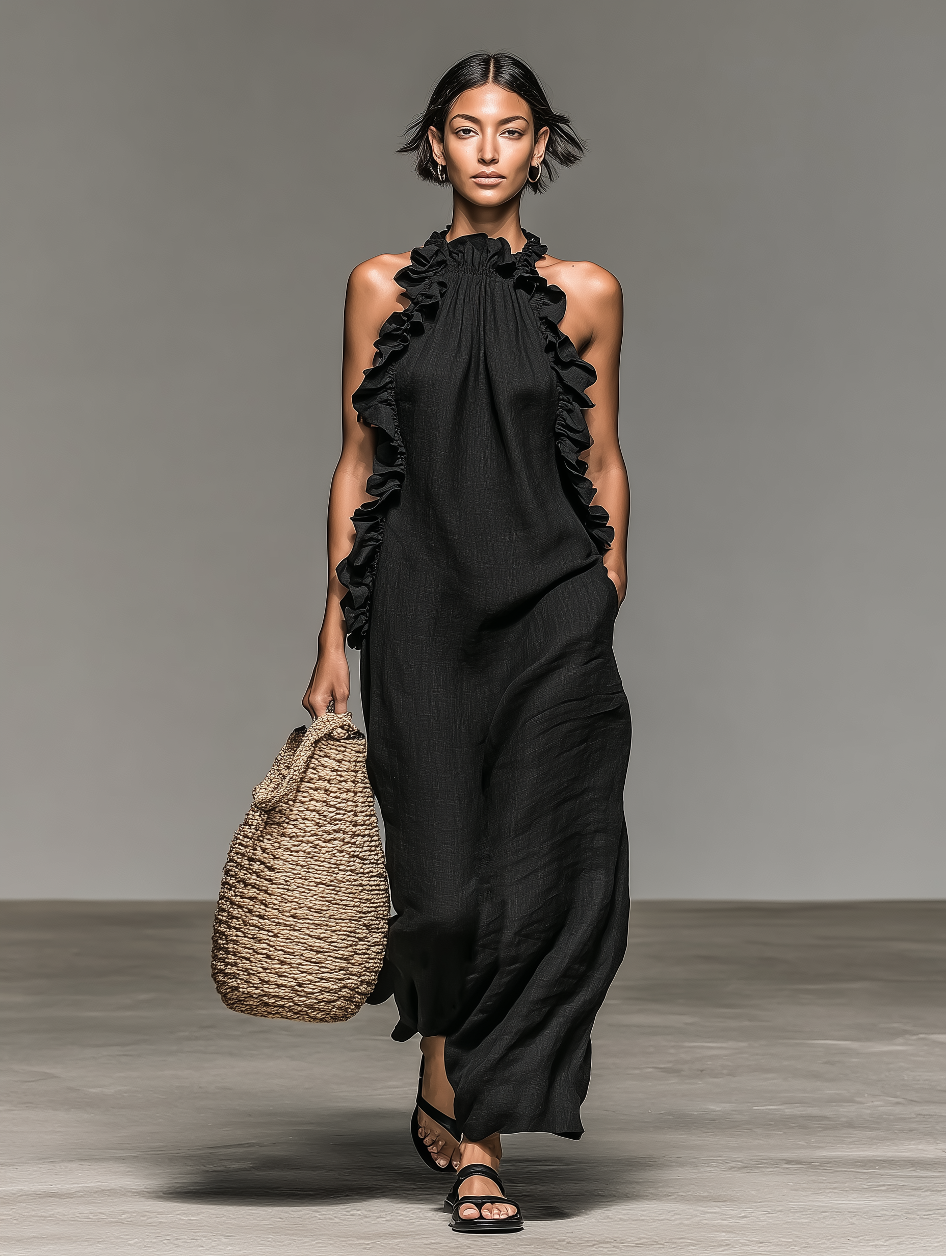 Linen ruffle maxi dress full-length view