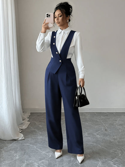 Wide-leg jumpsuit showing high waist and button detail