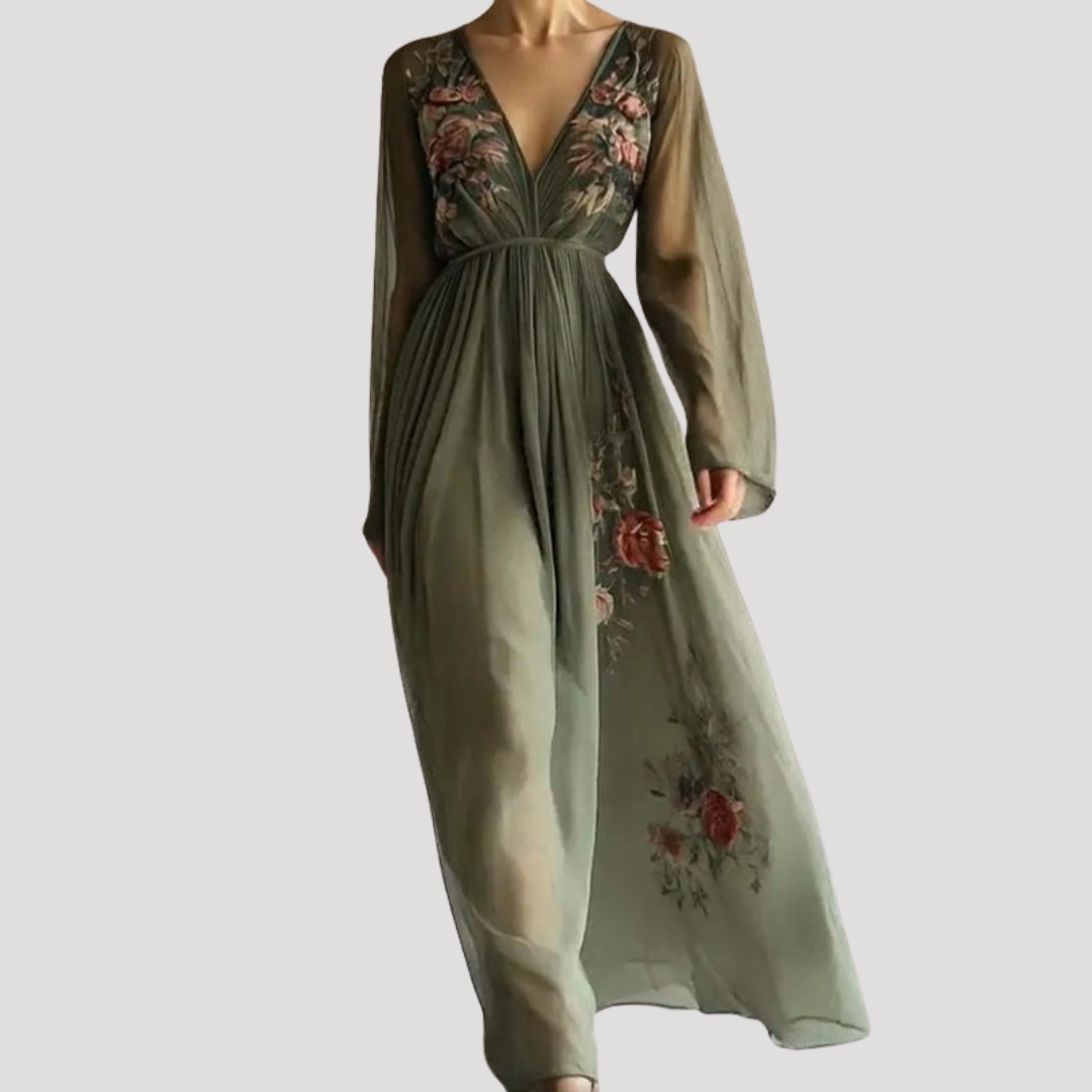 Floral embroidered long sleeve maxi dress, front view