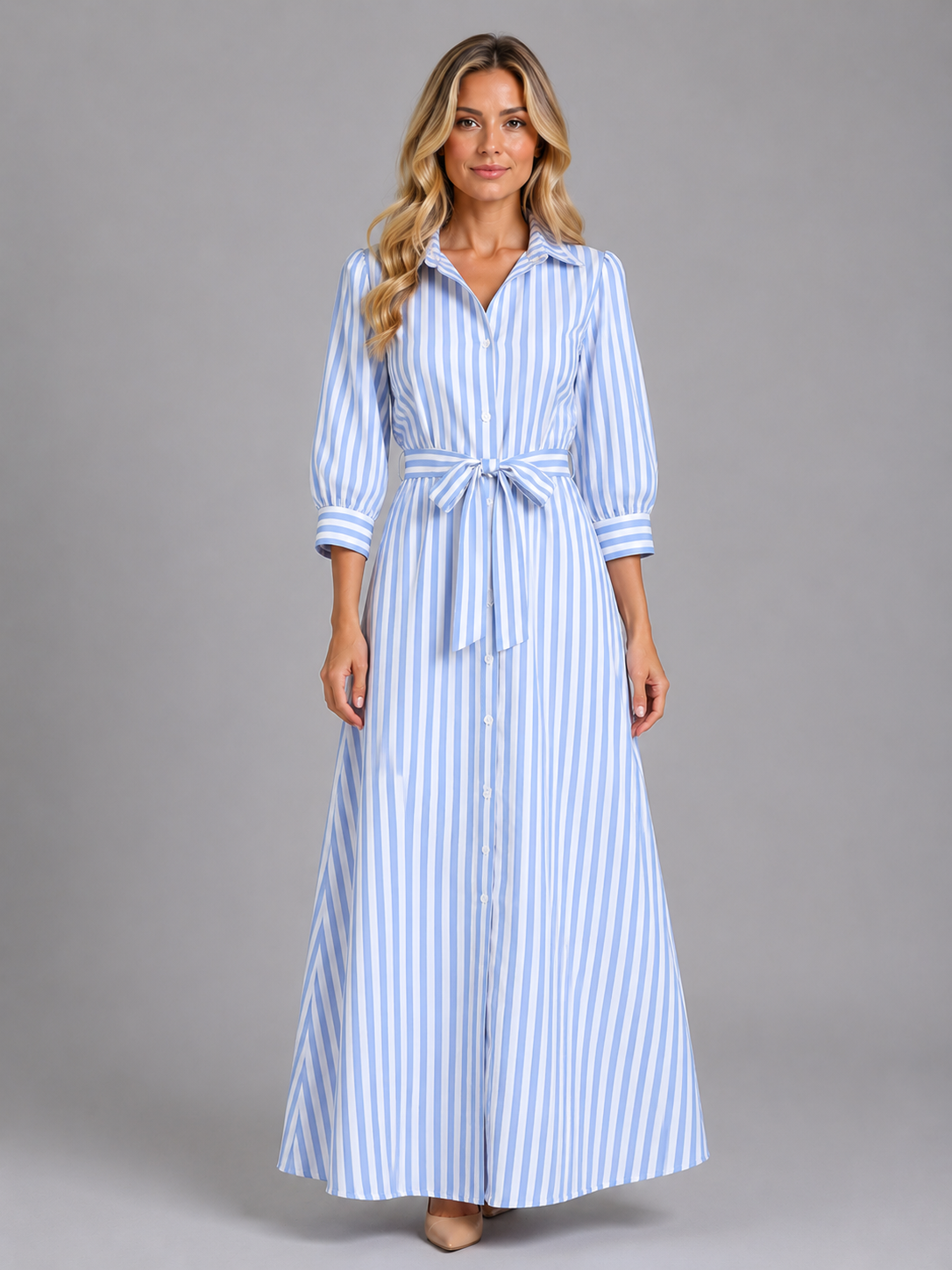 Calla striped shirt maxi dress in blue, front view