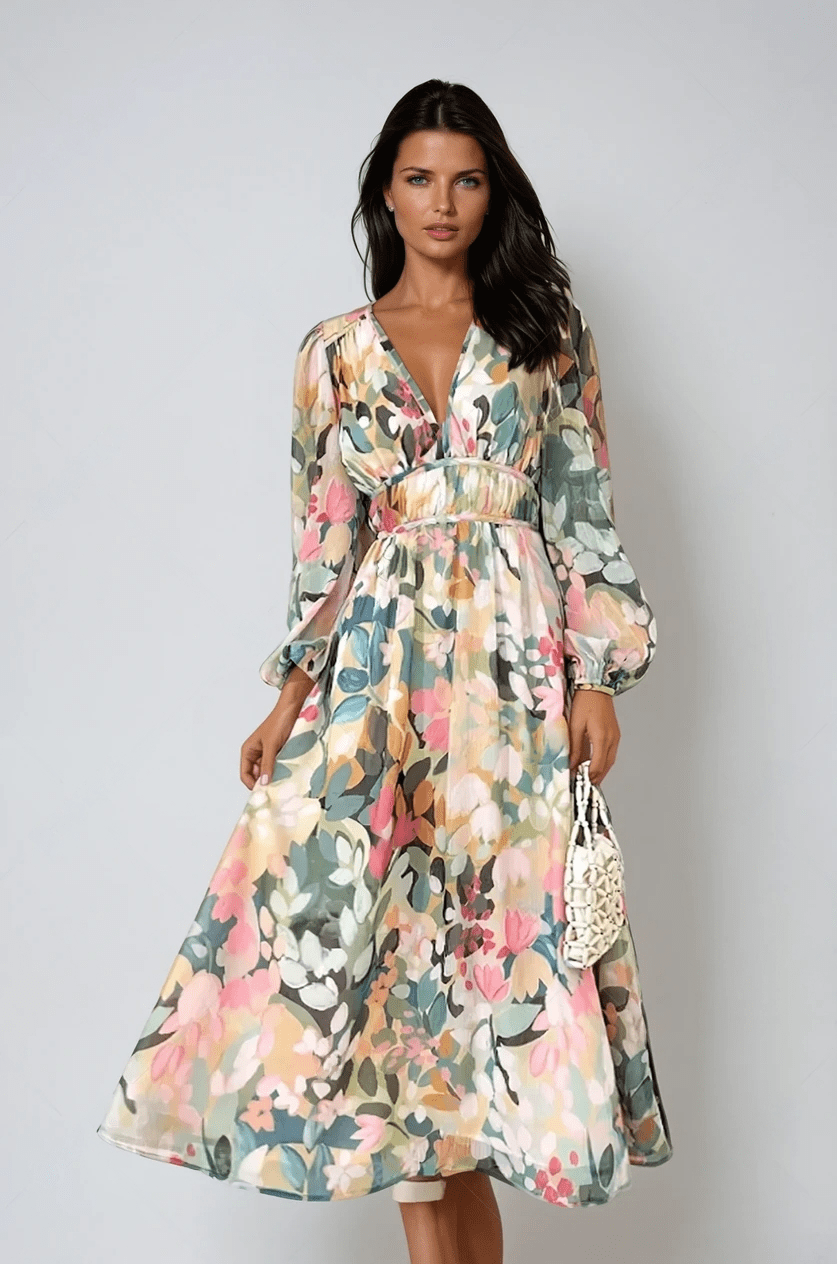 Floral V-neck long sleeve midi dress, front view