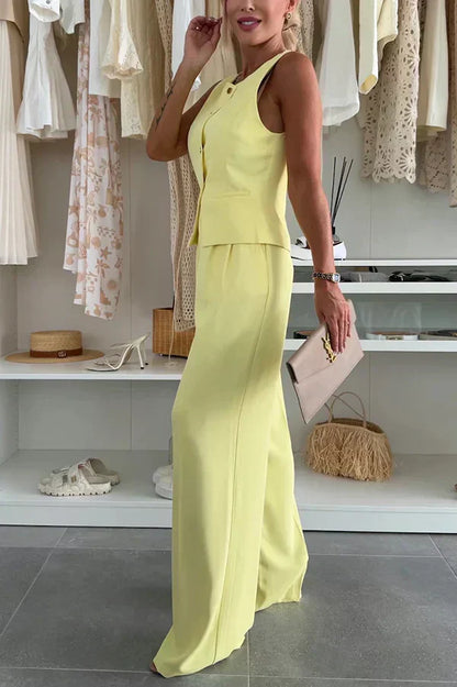 Button-up top and matching trousers, full-length view