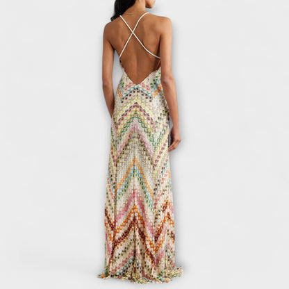 Knit maxi dress showing herringbone texture