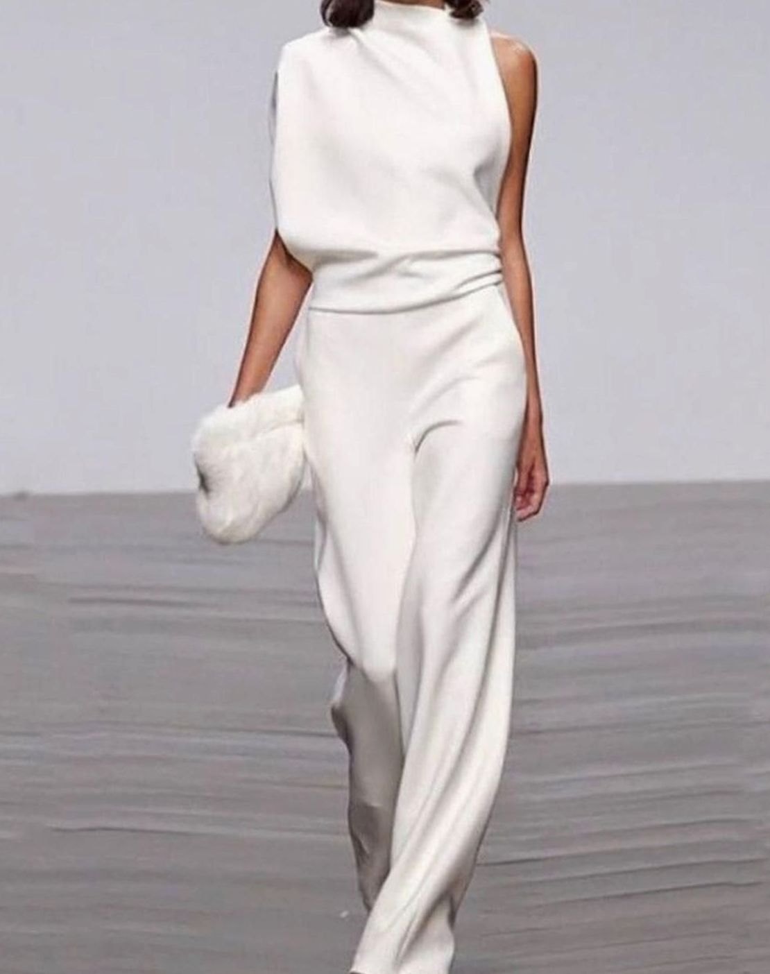 Celia asymmetric high-neck wide-leg formal jumpsuit, front view