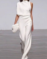 Celia asymmetric high-neck wide-leg formal jumpsuit, front view