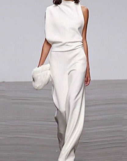 Celia asymmetric high-neck wide-leg formal jumpsuit, front view