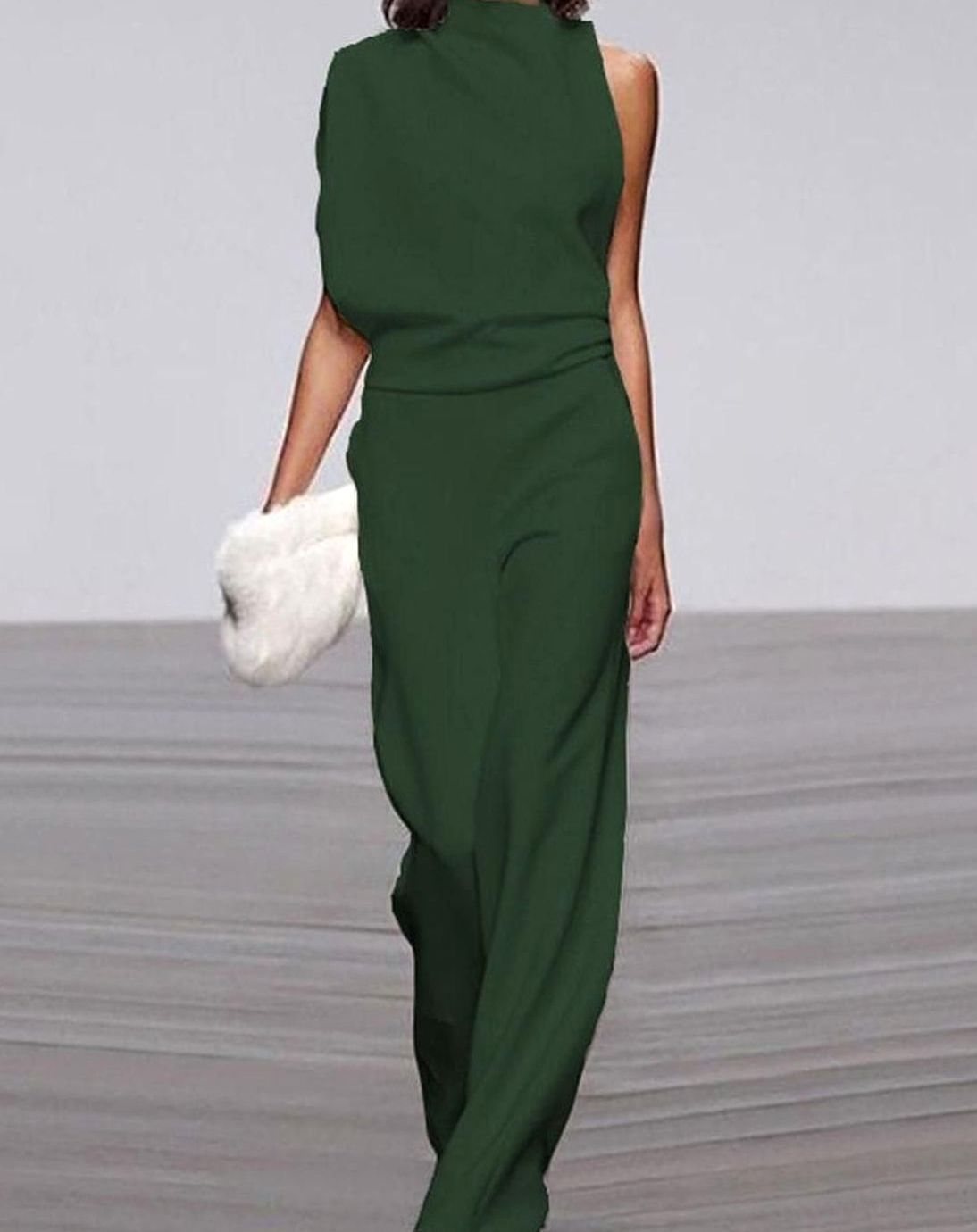 Asymmetric high-neck wide-leg formal jumpsuit, side view