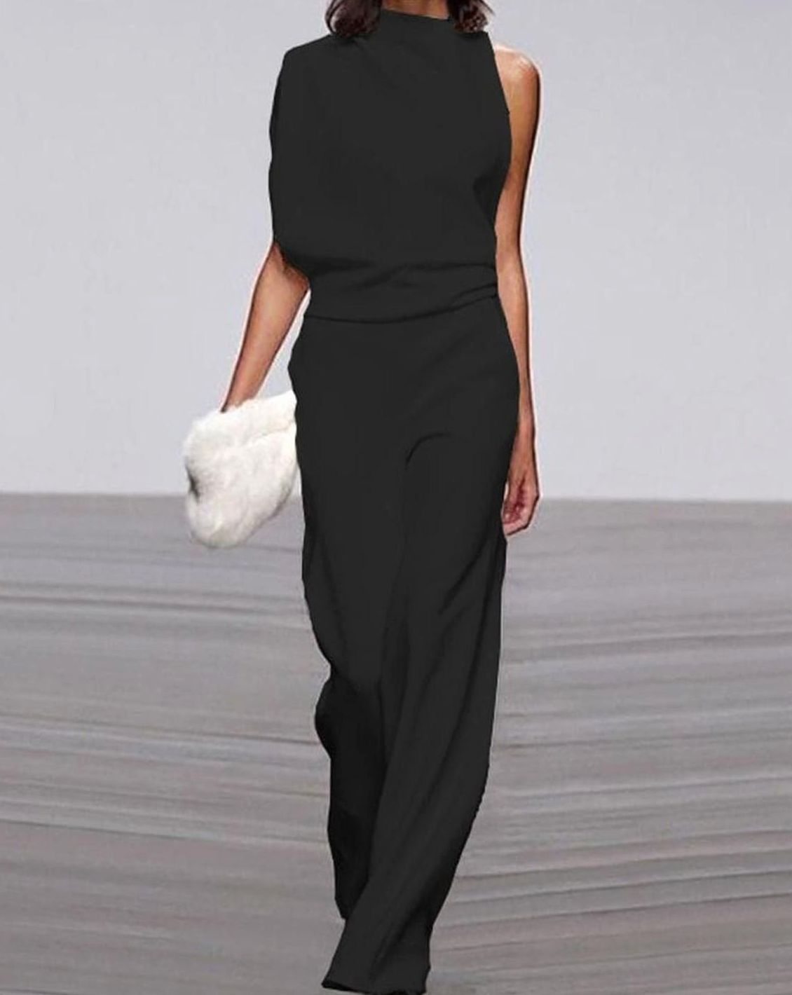 Asymmetric high-neck wide-leg formal jumpsuit, back view