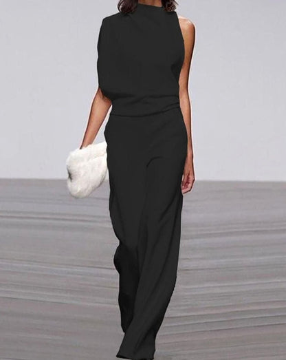 Asymmetric high-neck wide-leg formal jumpsuit, back view