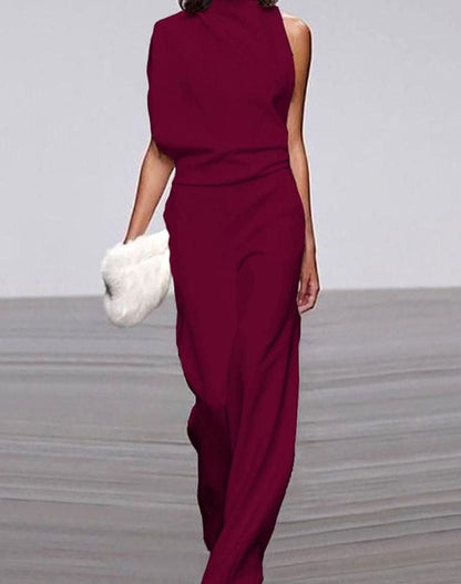 Asymmetric high-neck wide-leg formal jumpsuit, detail of the waist