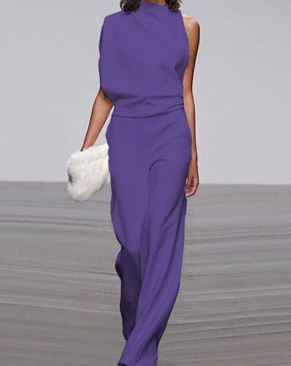 Asymmetric high-neck wide-leg formal jumpsuit, full-length view