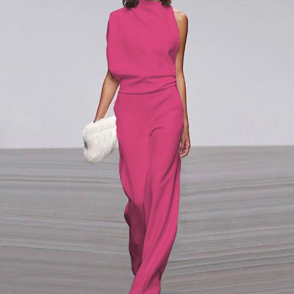 Asymmetric high-neck wide-leg formal jumpsuit, styled view