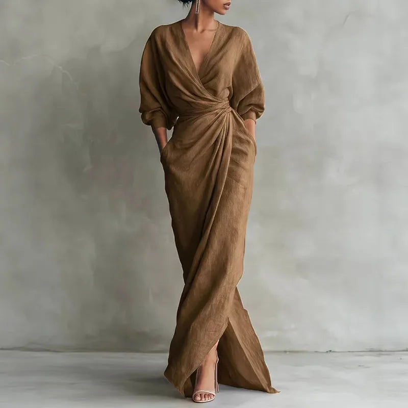 Wrap maxi dress showing twisted front bodice