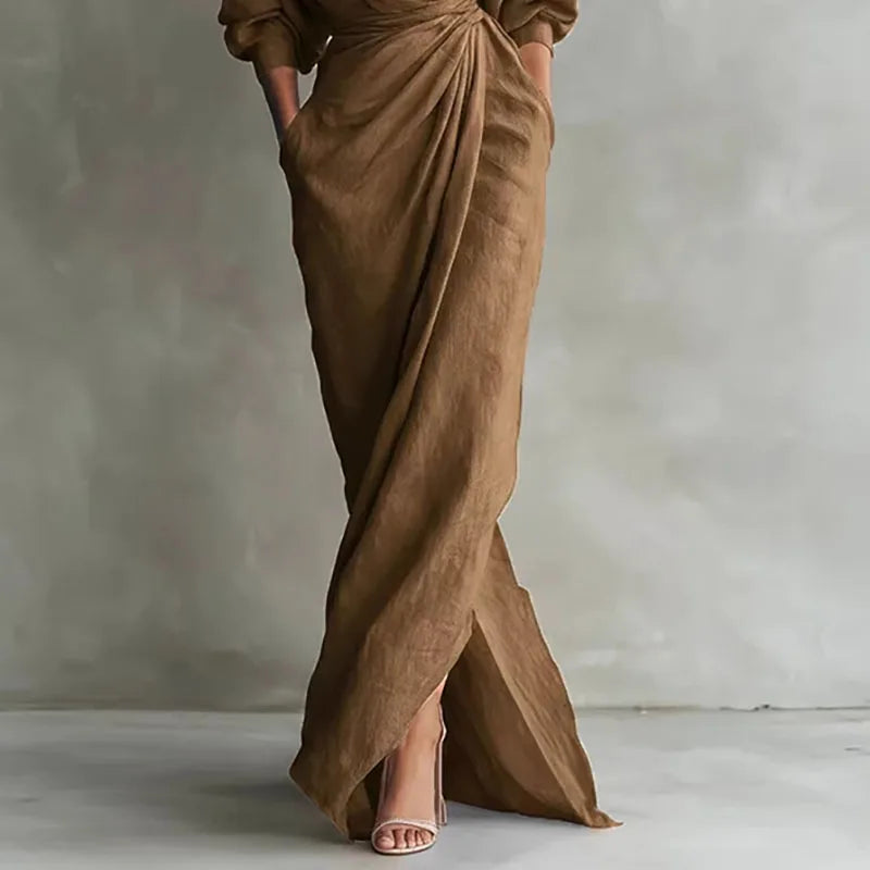 Twist front maxi dress showing surplice neckline