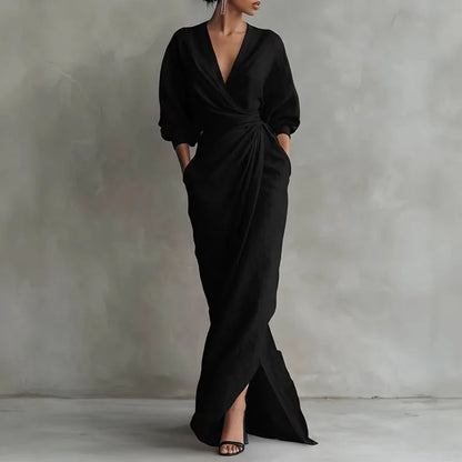 Wrap waist maxi dress showing front slit