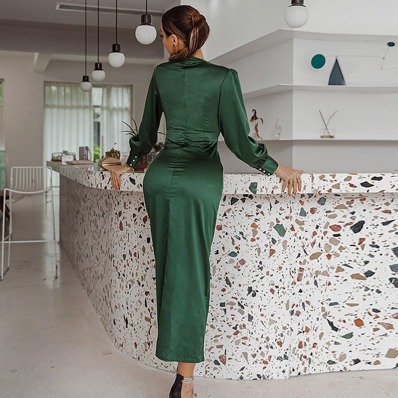 Green satin V-neck holiday midi dress, side view