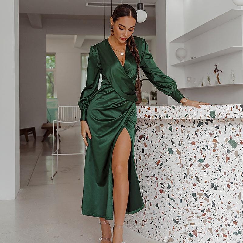 Green satin V-neck holiday midi dress, back view