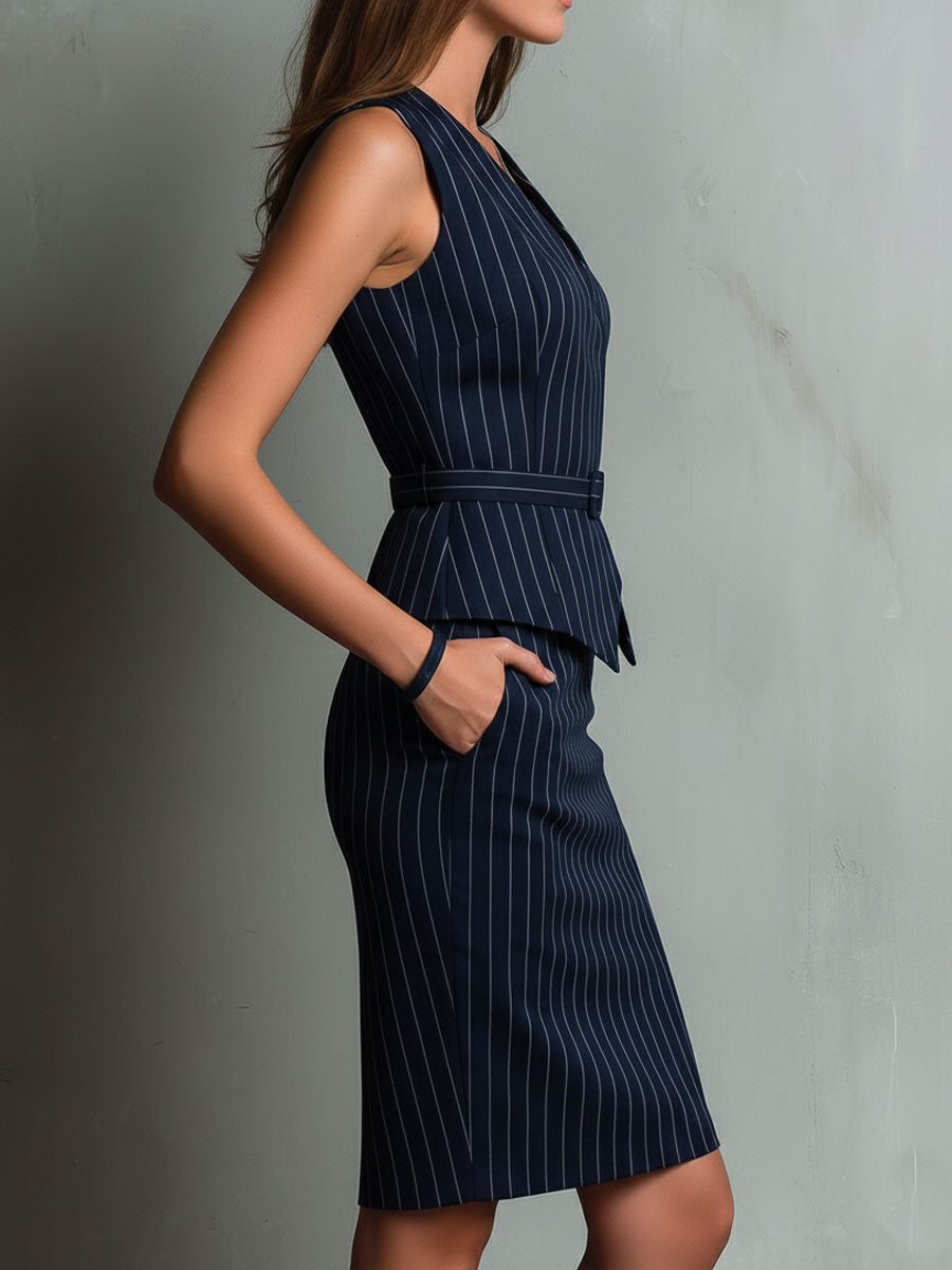 Belted vest and pencil skirt set for women view 4