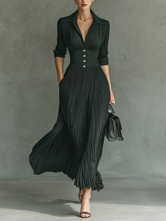 Collared pleated long sleeve maxi dress, front view