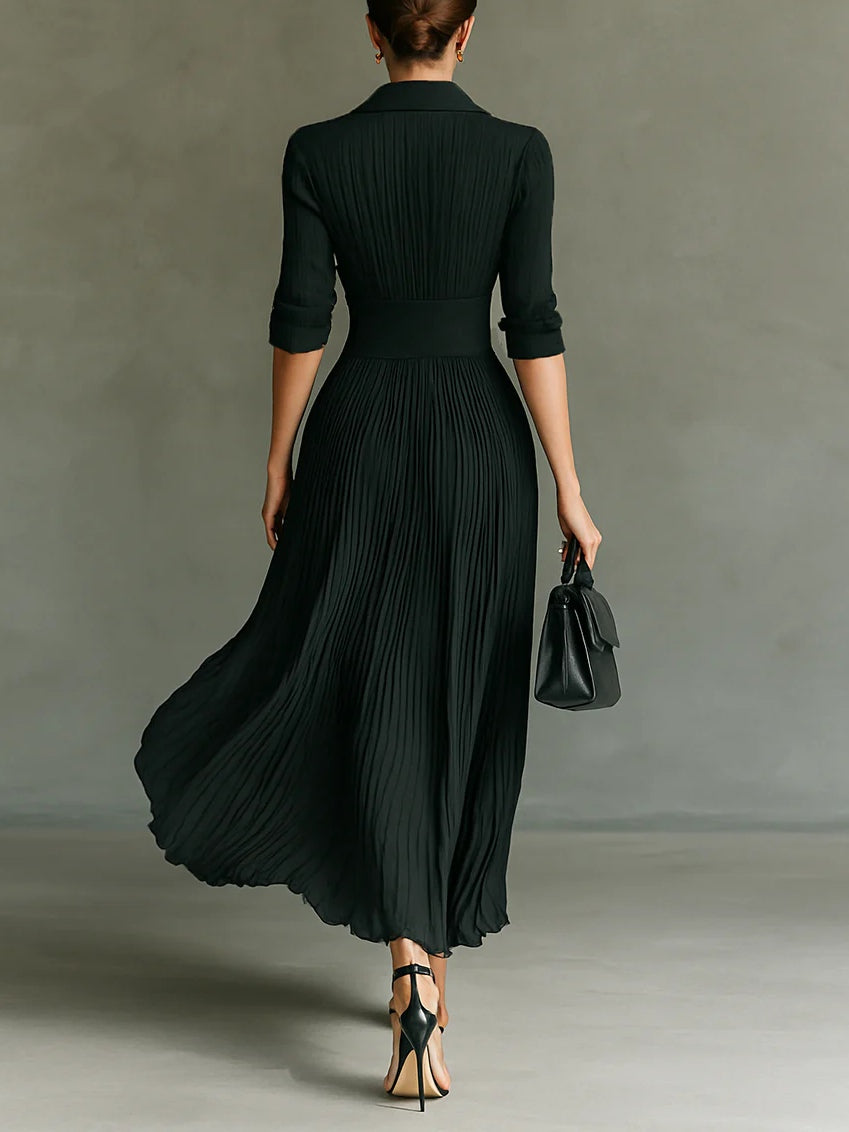 Pleated maxi dress showing lapel collar