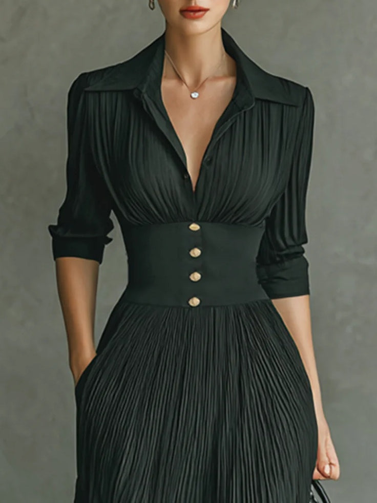Collared pleated maxi dress, side view