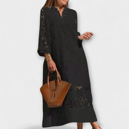 Abstract print midi dress styled for evening