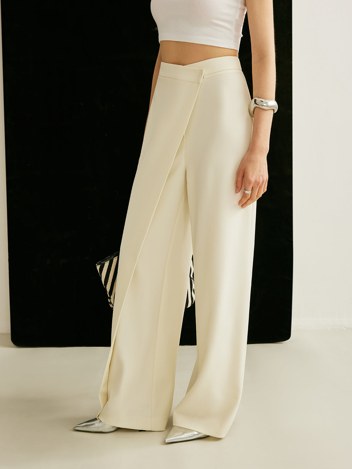 Wrap front trousers, side view