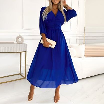 V-neck long sleeve wrap midi dress, front view