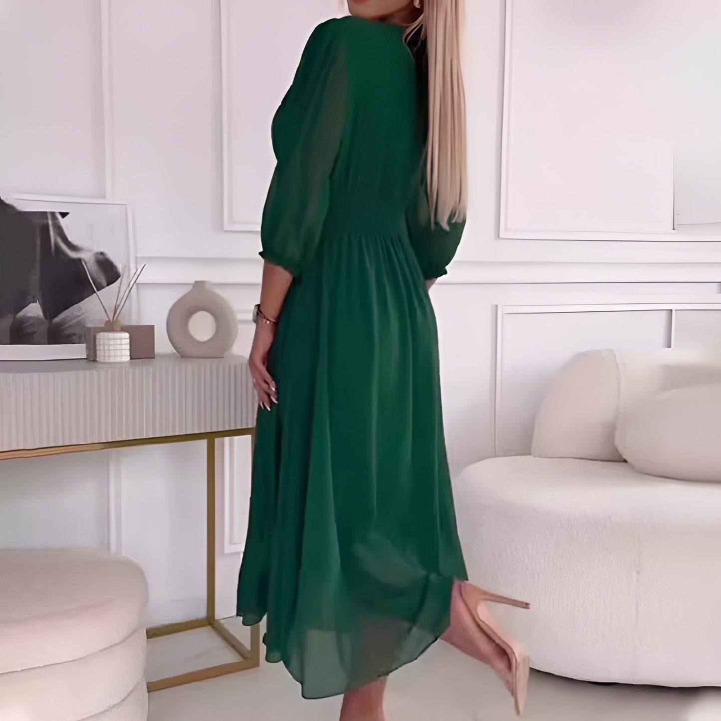 V-neck wrap midi dress, back view