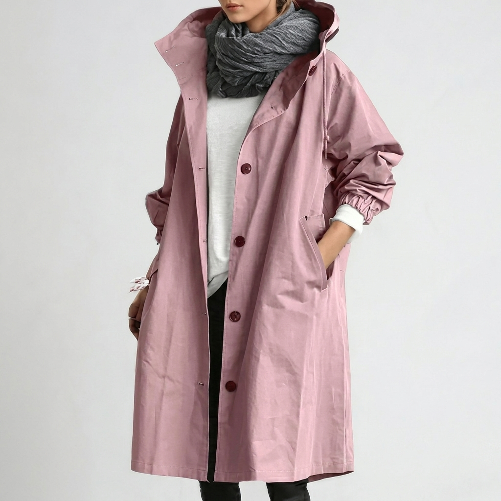 Damaris long hooded rain jacket in pink, front view