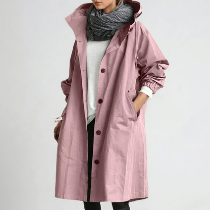 Damaris long hooded rain jacket in pink, front view