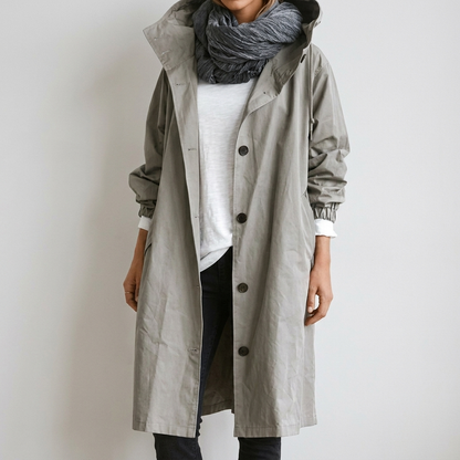 Long hooded rain jacket in gray