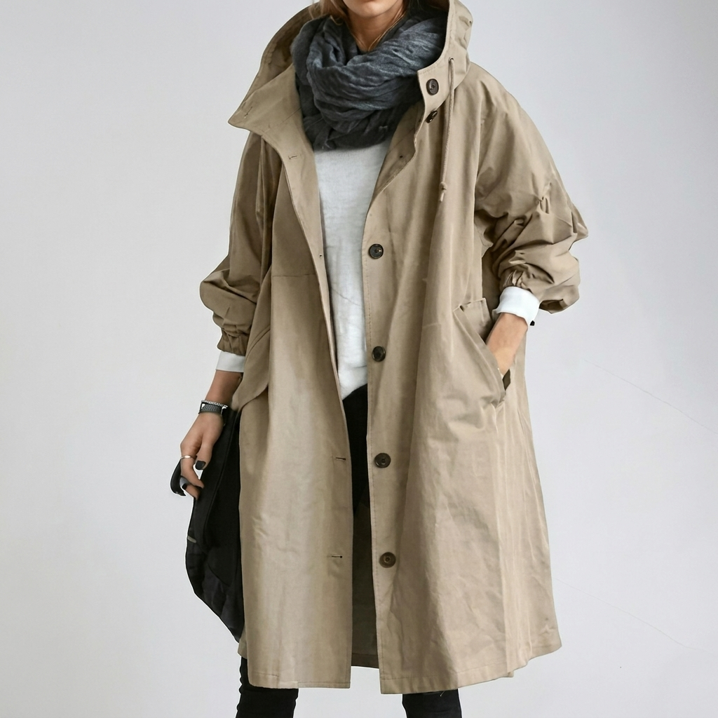 Long hooded rain jacket in khaki