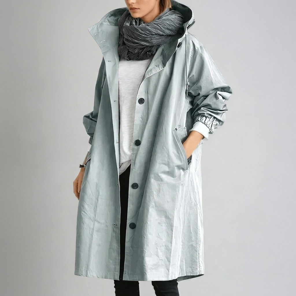 Long hooded rain jacket in blue