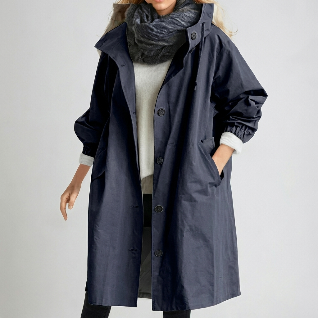 Long hooded rain jacket in dark blue
