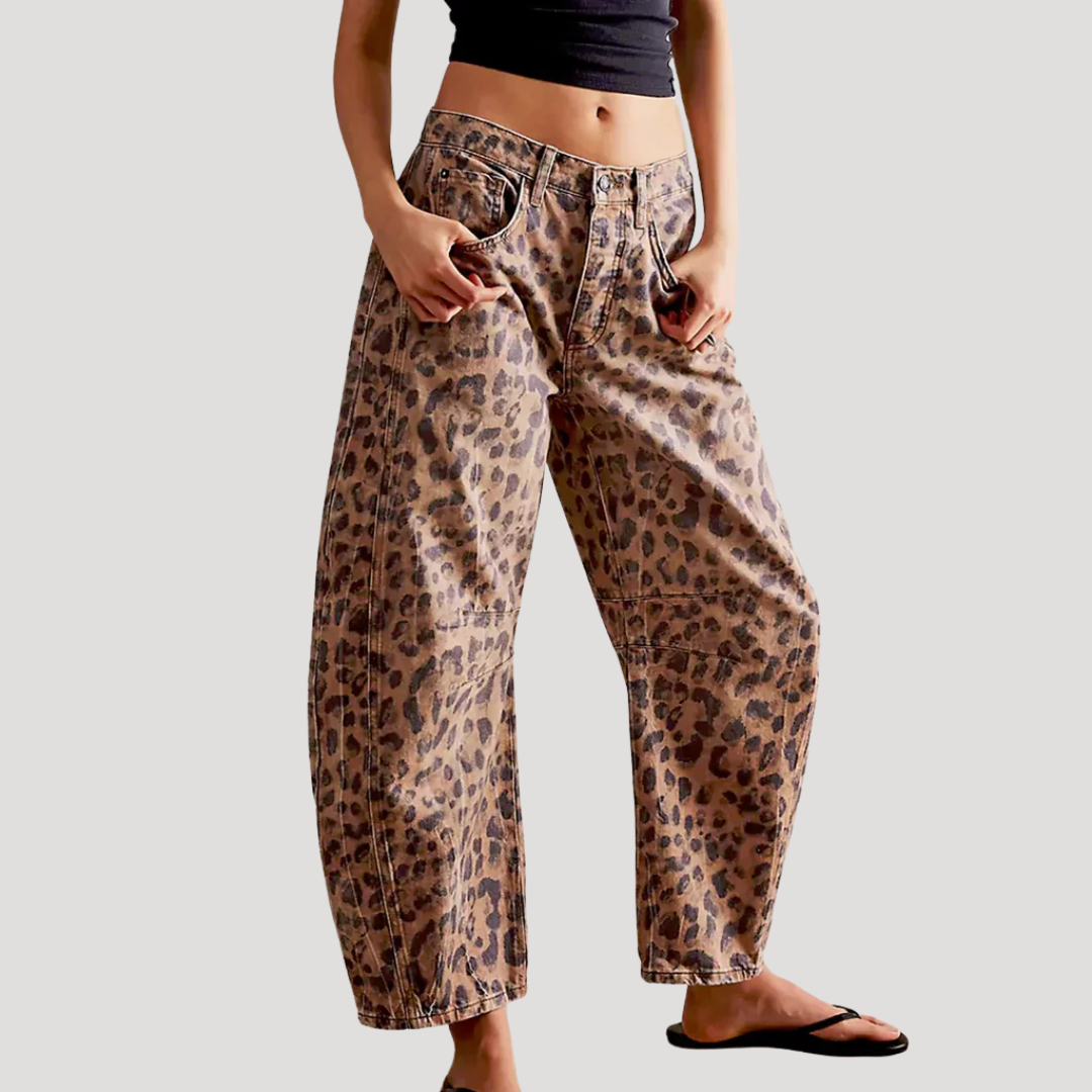 Animal print barrel leg jeans, front view