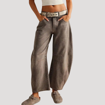 Barrel leg jeans showing mid-rise waist