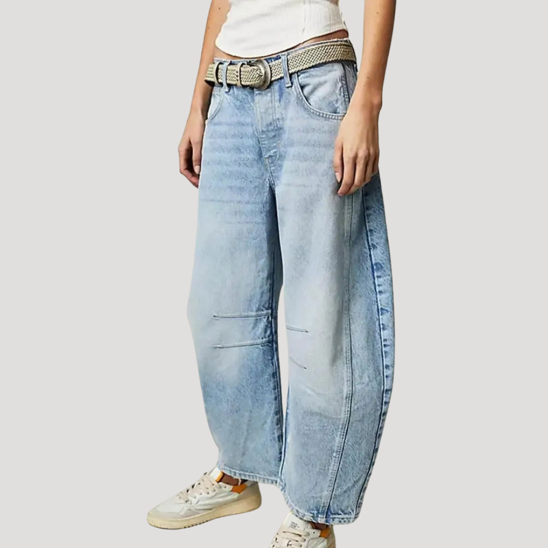 Animal print barrel leg jeans, full-length view