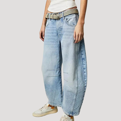 Animal print barrel leg jeans, full-length view