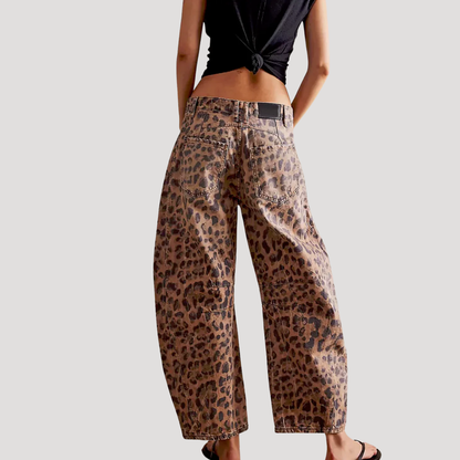 Barrel leg jeans showing animal print detail