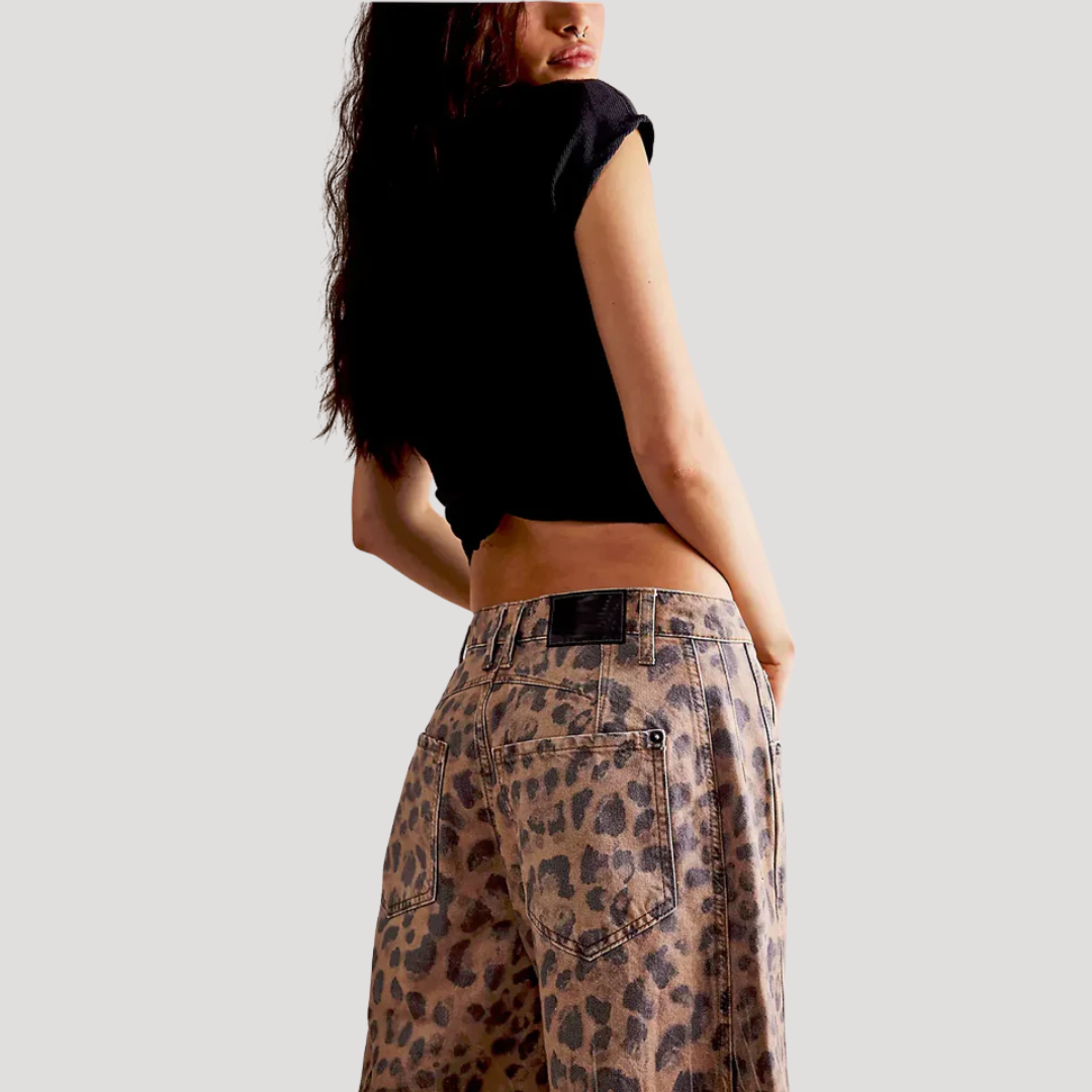 Barrel leg jeans showing curved silhouette