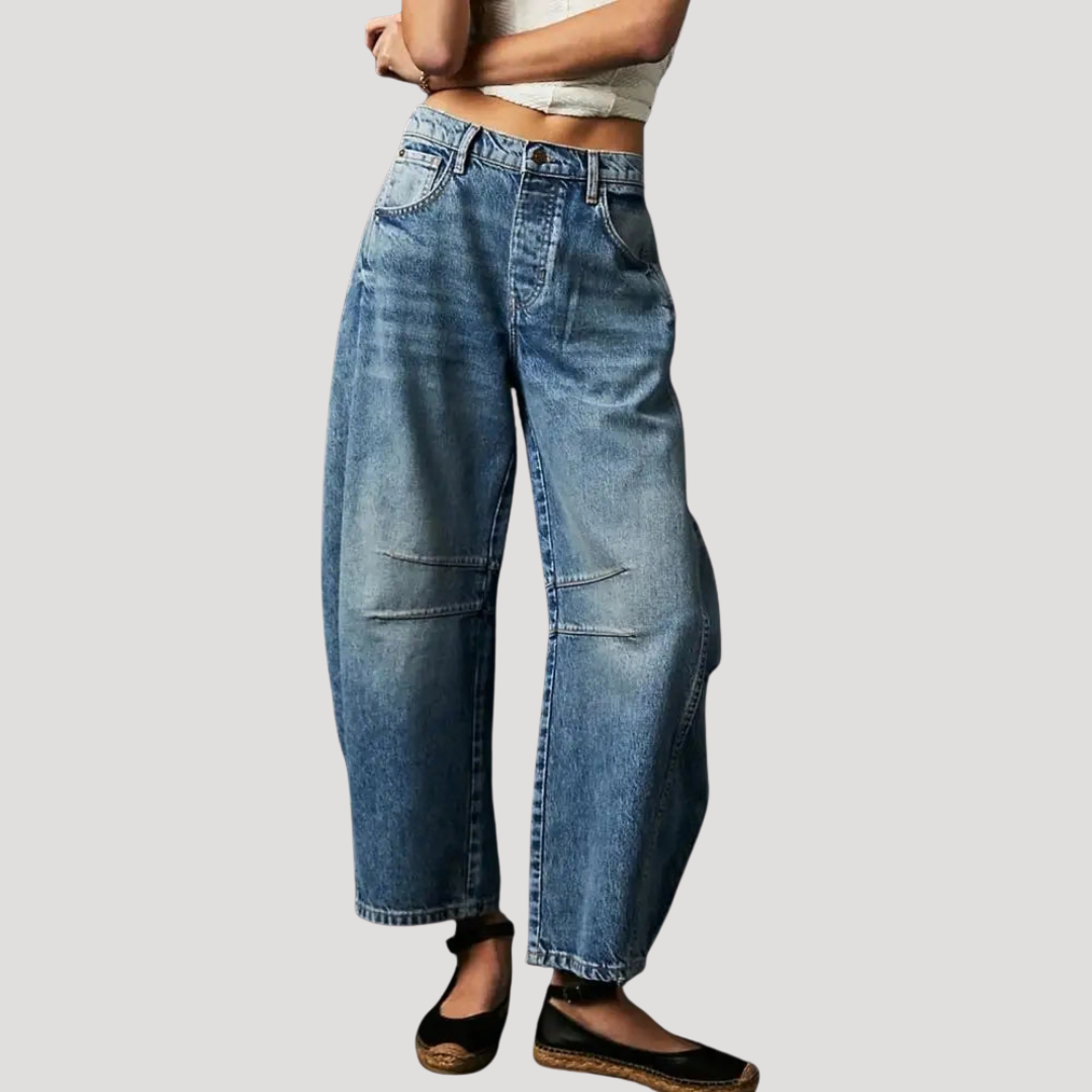 Animal print barrel leg jeans, back view