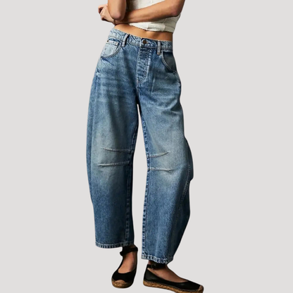 Animal print barrel leg jeans, back view